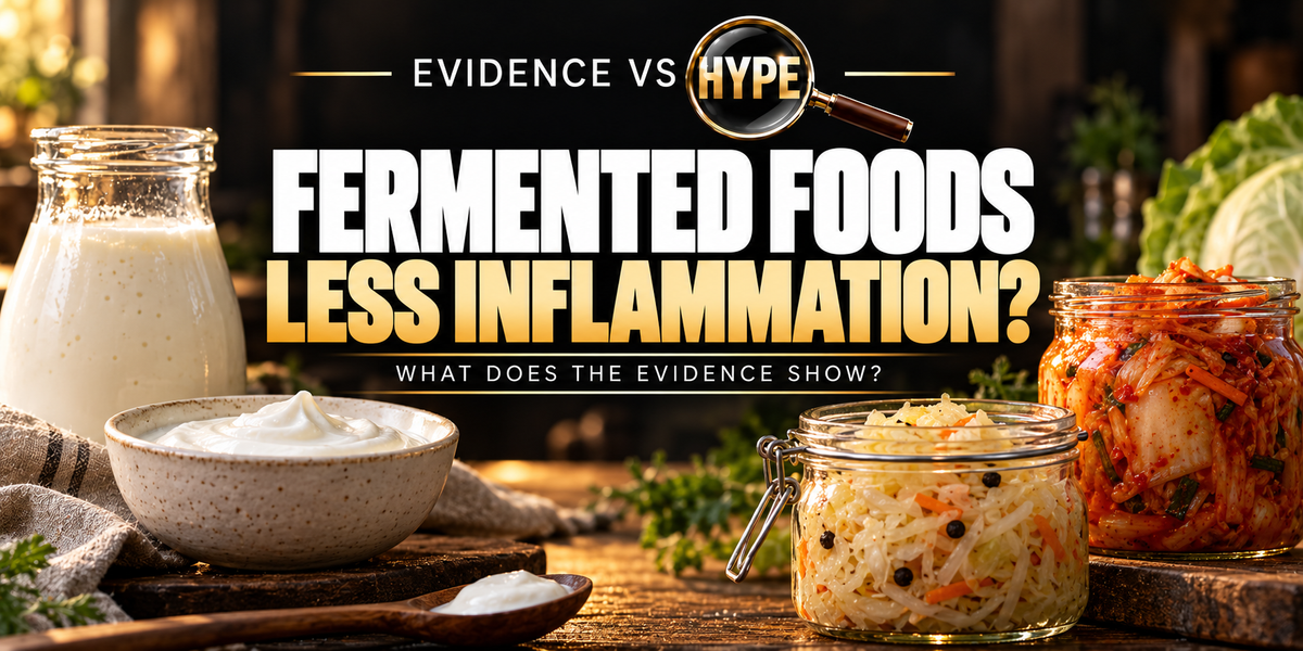 Evidence vs Hype editorial still life of plain yoghurt, kefir and fermented vegetables in unbranded jars on a dark table.