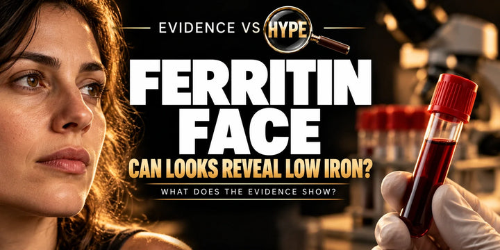 Evidence vs Hype artwork pairing a naturally photographed adult face with an unbranded laboratory blood sample; asks if looks reveal low iron.