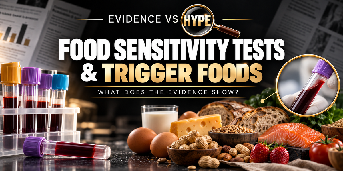 Food testing kit and a range of foods in the black, white and gold Evidence vs Hype featured image.