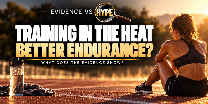 Evidence vs Hype editorial illustration of a runner on a warm sunlit track with heat shimmer and water nearby.