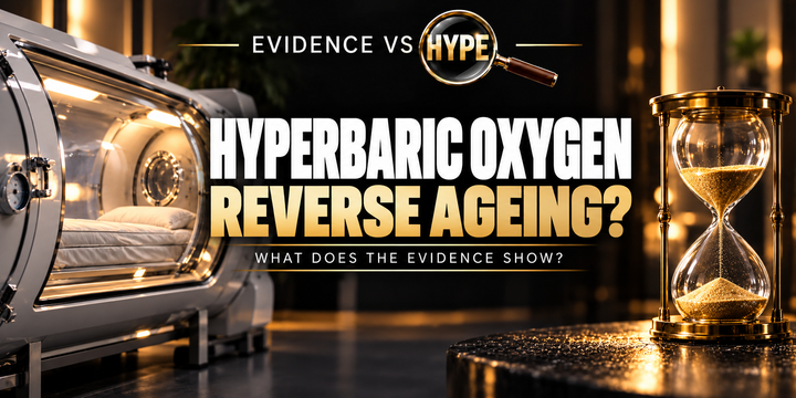 Evidence vs Hype editorial illustration of a clean unbranded clinical hyperbaric chamber, with no rejuvenation or lifespan guarantee.