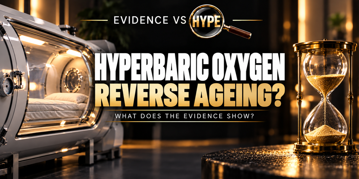 Evidence vs Hype editorial illustration of a clean unbranded clinical hyperbaric chamber, with no rejuvenation or lifespan guarantee.