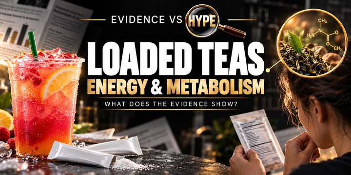 Evidence vs Hype loaded-tea artwork with a colourful iced drink, supplement sachets and a reader inspecting a label. Conceptual illustration, not evidence of fat loss.