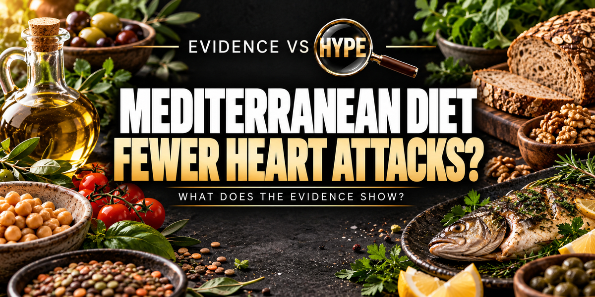 Evidence vs Hype artwork with vegetables, pulses, nuts, olive oil, wholegrain bread and fish, asking whether a Mediterranean diet reduces heart attacks.