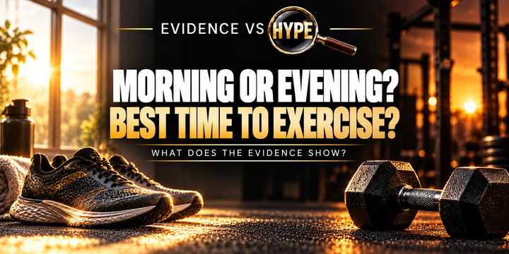 Evidence vs Hype editorial illustration of running shoes between a soft morning window and an evening training scene.