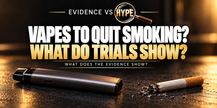 Evidence vs Hype editorial artwork with an unbranded vape and an extinguished cigarette, asking about quitting smoking; no person is shown using either.