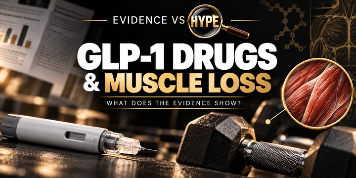 Evidence vs Hype illustration of an unbranded injection pen and dumbbell with a gold-ring conceptual muscle inset; no before-and-after body; artwork represents the claim under investigation.