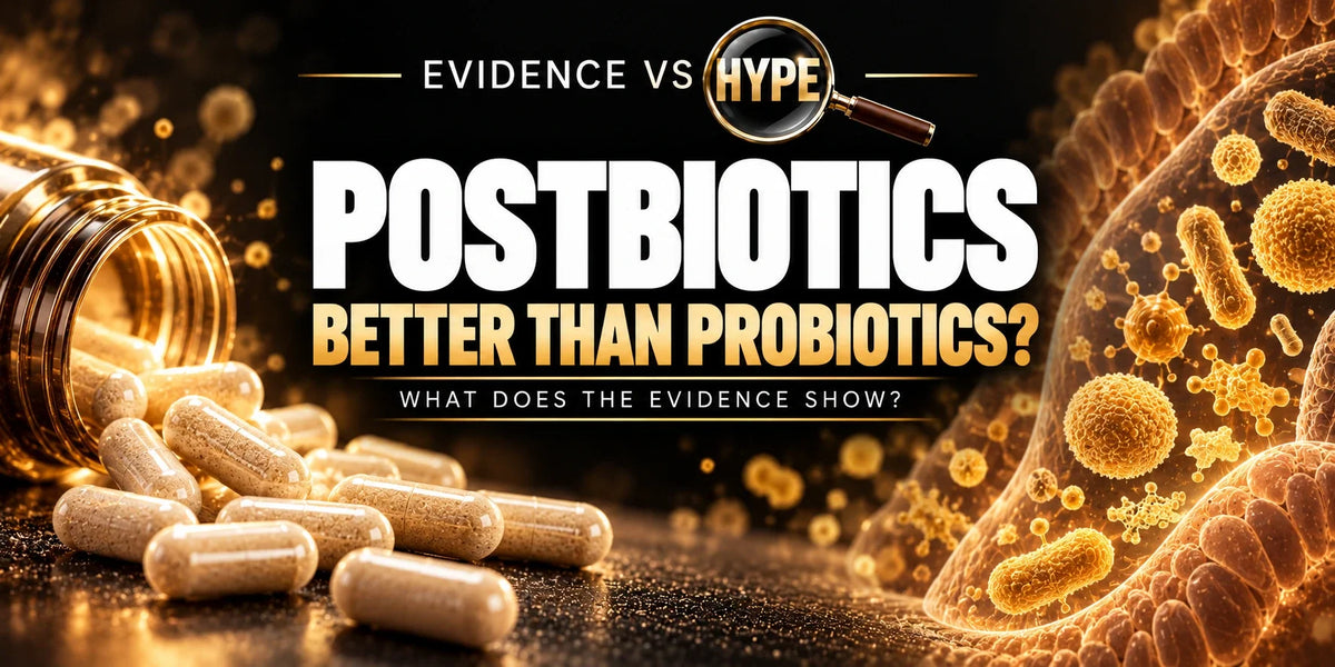 Evidence vs Hype black-and-gold artwork with capsules and conceptual microbial forms, asking whether postbiotics are better than probiotics.
