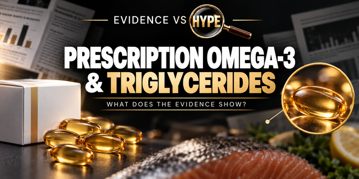 Unbranded prescription packaging and omega-3 softgels in the black, white and gold Evidence vs Hype featured image.