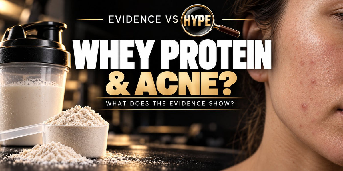 Evidence vs Hype whey-and-acne investigation with an unbranded shaker and powder beside an adult cheek with mild blemishes; no inevitable adverse effect is implied.