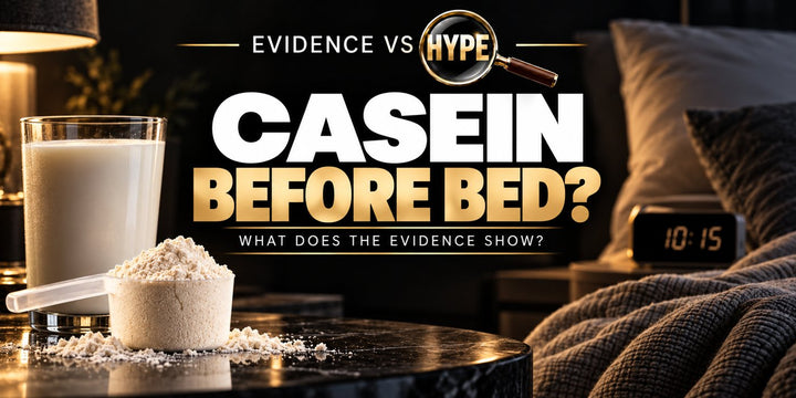Evidence vs Hype casein before-bed investigation with unbranded powder, milk, bedside clock and bedding in black, white and gold.