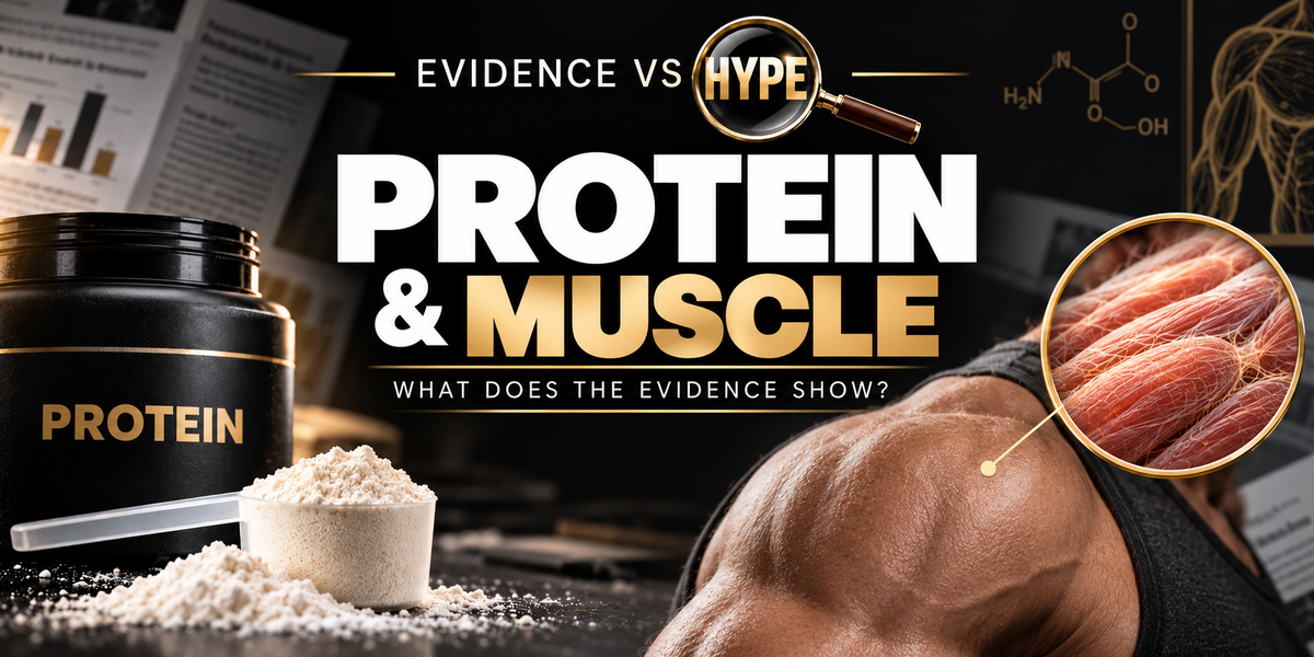 Evidence vs Hype: protein and muscle investigation, with protein powder, an athletic shoulder and magnified muscle fibres.