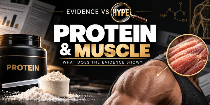 Evidence vs Hype: protein and muscle investigation, with protein powder, an athletic shoulder and magnified muscle fibres.