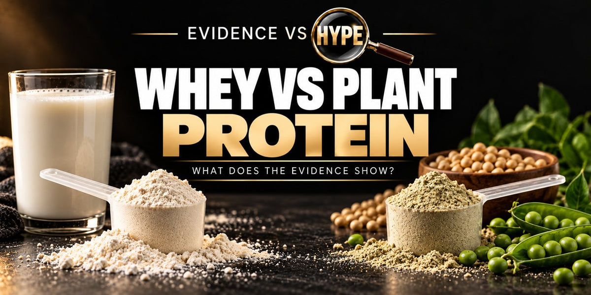 Evidence vs Hype whey versus plant protein investigation with unbranded powder scoops, milk, soybeans and peas in a balanced black, white and gold composition.