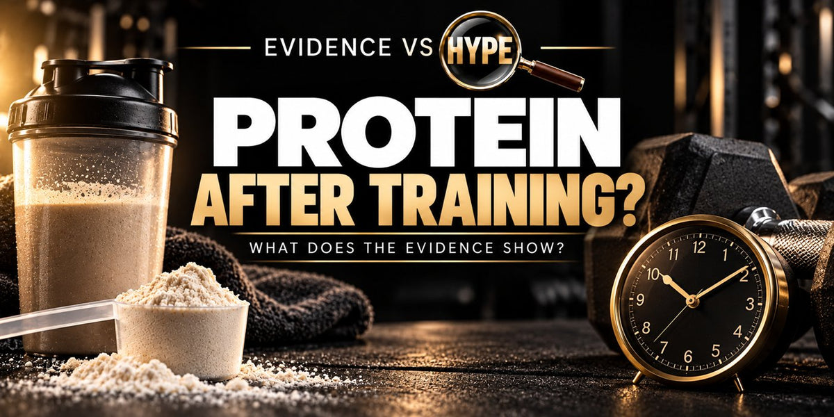 Evidence vs Hype post-workout protein investigation with an unbranded shaker, powder scoop, dumbbell and analogue clock; no fixed deadline is implied.