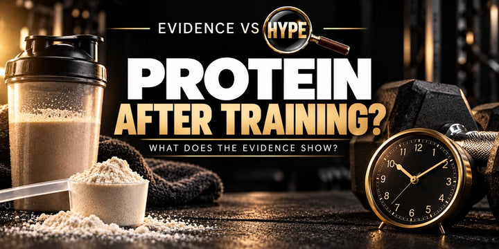 Evidence vs Hype post-workout protein investigation with an unbranded shaker, powder scoop, dumbbell and analogue clock; no fixed deadline is implied.