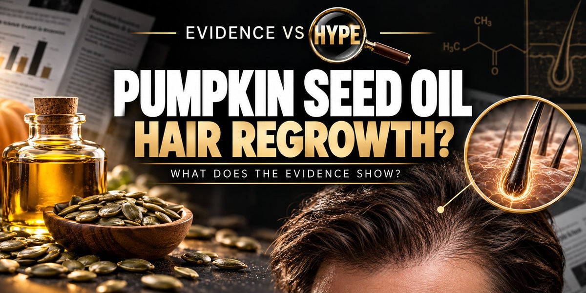 Evidence vs Hype pumpkin-seed-oil artwork with seeds, an oil bottle and scalp hair, plus a conceptual follicle inset. It does not show trial results or promised regrowth.