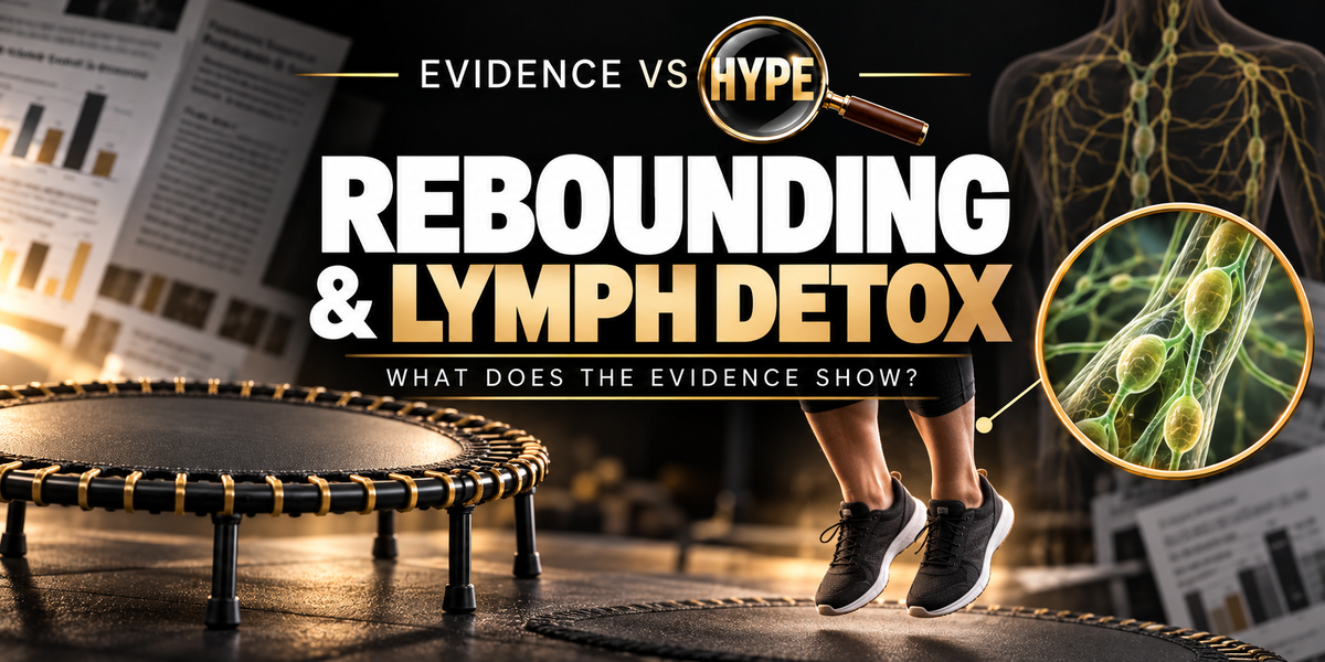Mini-trampoline and exercise imagery in the black, white and gold Evidence vs Hype featured image.
