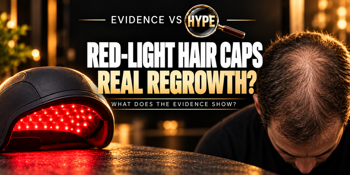 Evidence vs Hype editorial image of an unbranded red-light hair cap and natural thinning hair, without a before-and-after claim.
