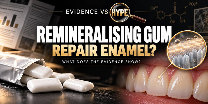 Evidence vs Hype remineralising-gum artwork with plain gum pieces, teeth and a conceptual enamel inset. It does not depict a cavity being filled.