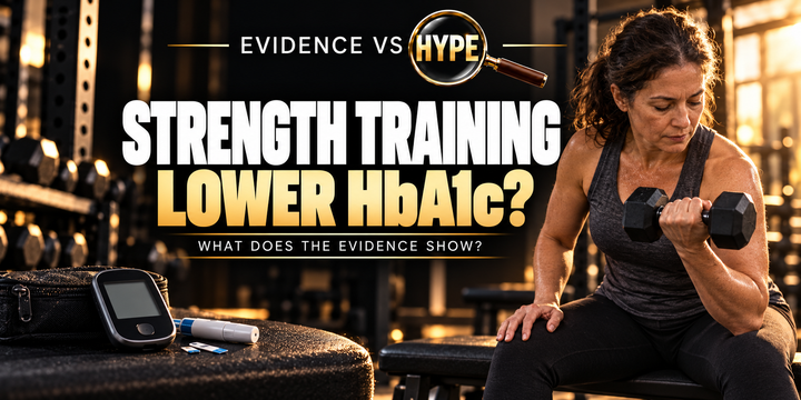 Evidence vs Hype artwork showing an adult using dumbbells beside an unbranded glucose-monitoring kit, asking whether strength training lowers HbA1c.