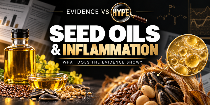 Evidence vs Hype: seed oils and inflammation, with oil, seeds and a magnified lipid-droplet illustration.