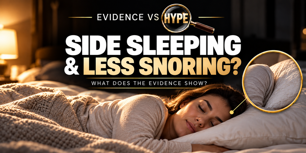 Evidence vs Hype: an adult sleeping comfortably on their side with a gold-ring pillow detail. Conceptual artwork for the snoring and positional sleep-apnoea investigation.