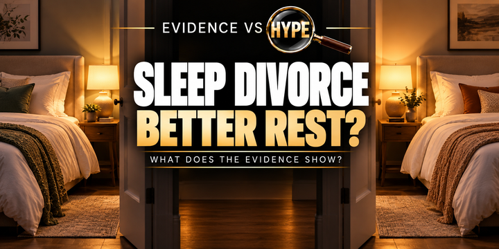Evidence vs Hype editorial illustration of two welcoming separate beds in adjoining warm-lit sleep spaces, without relationship conflict.