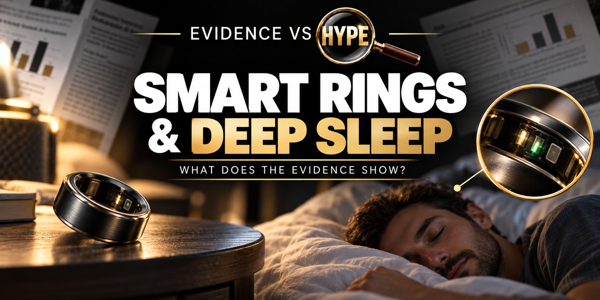 Smart ring and sleeping person in the black, white and gold Evidence vs Hype featured image.