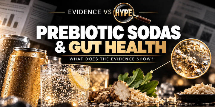 Evidence vs Hype prebiotic sodas and gut health investigation with unbranded cans, glass and chicory root