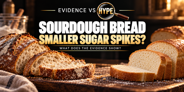 Evidence vs Hype editorial still life of a sliced sourdough loaf beside a plain yeast loaf, without a fabricated glucose chart.