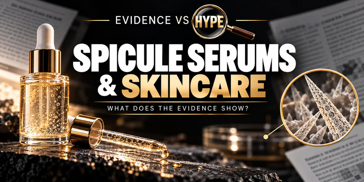 Evidence vs Hype spicule serums and skincare investigation with serum bottle and conceptual spicule inset