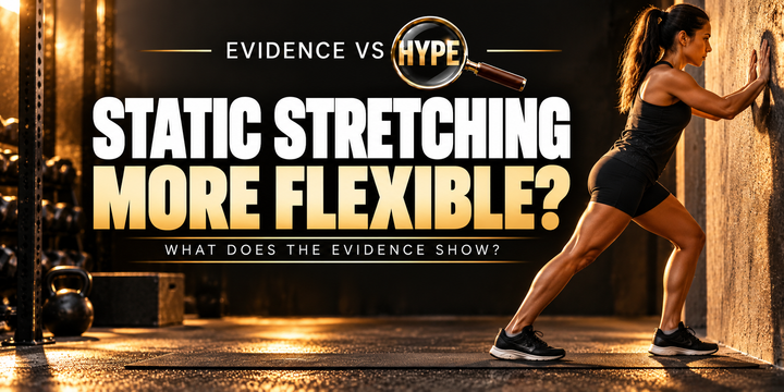 Evidence vs Hype artwork showing an adult performing a standing calf stretch, asking whether static stretching improves flexibility.