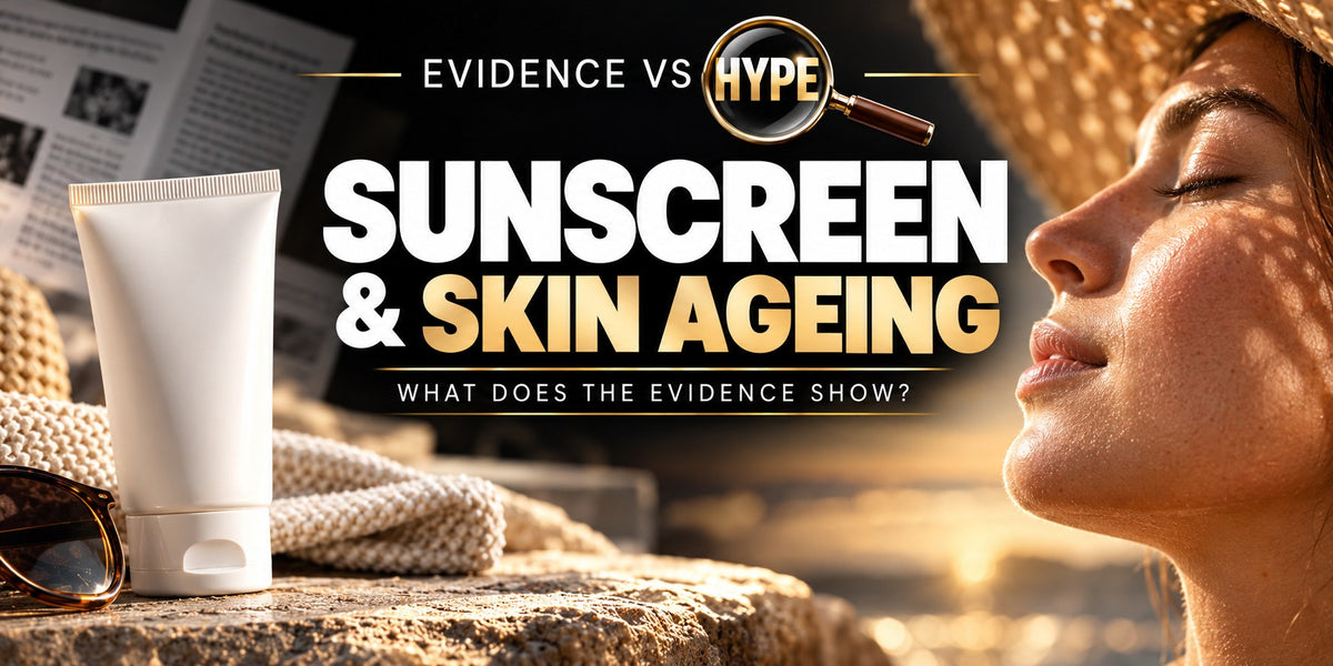 Evidence vs Hype sunscreen and skin ageing investigation in black, white and gold