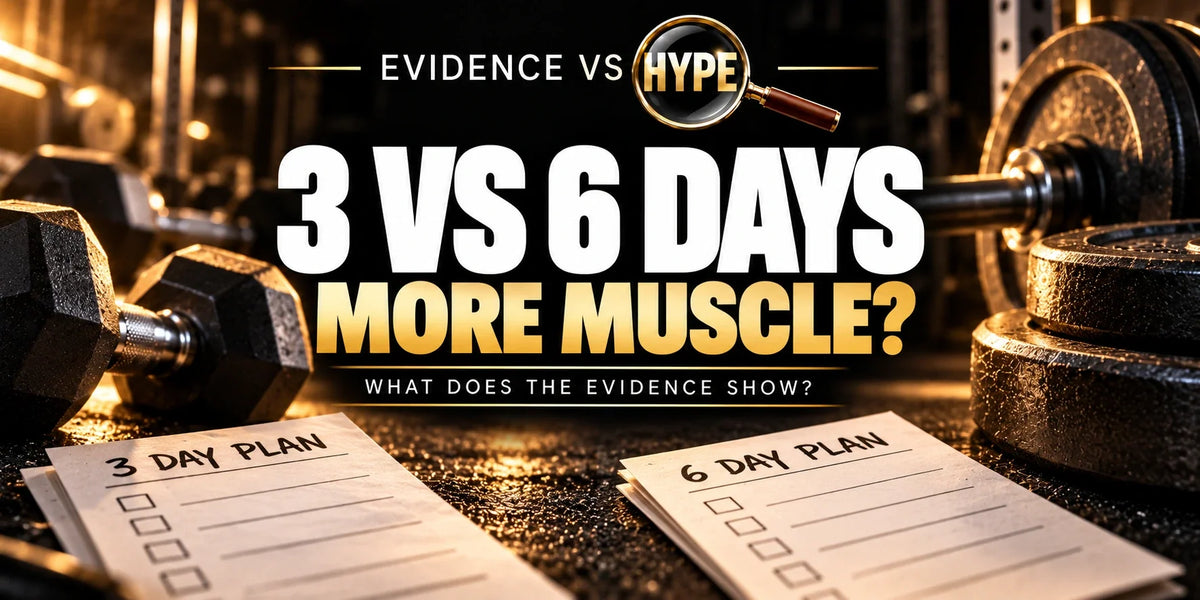 Evidence vs Hype artwork showing gym weights and training planners, asking whether three or six weekly training days builds more muscle.