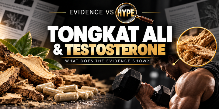 Tongkat ali root and supplement imagery in the black, white and gold Evidence vs Hype featured image.