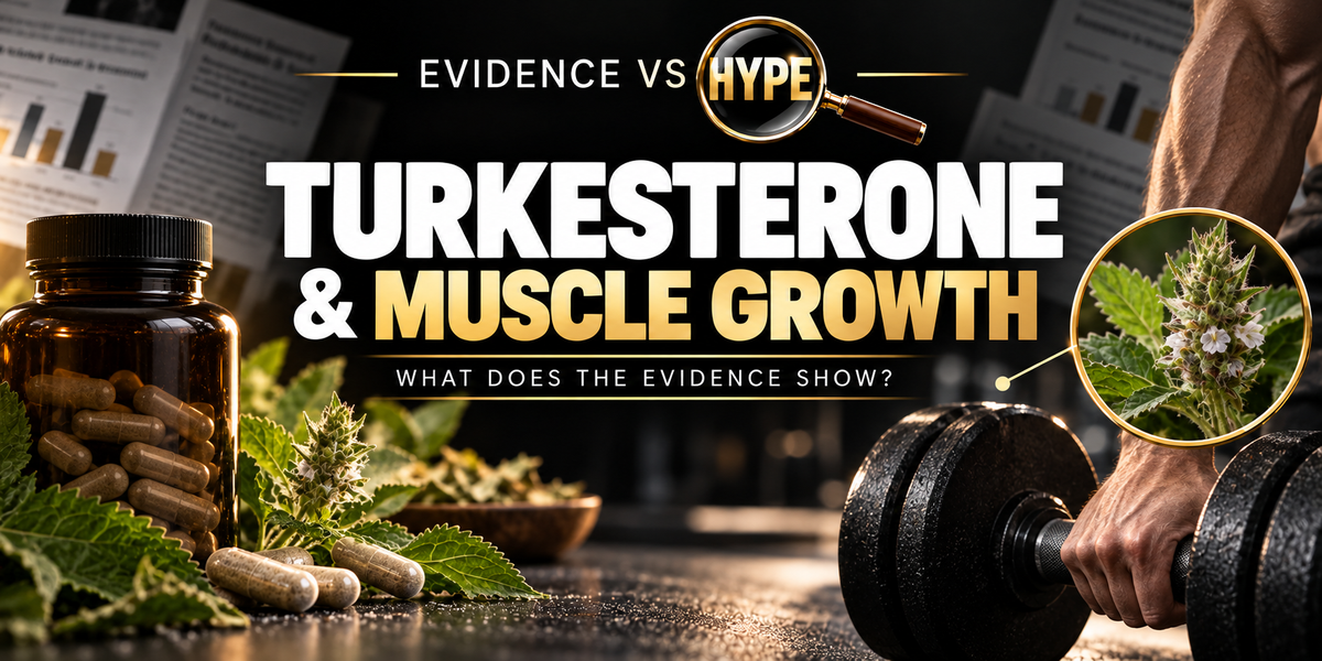 Unbranded turkesterone supplement and weight training imagery in the black, white and gold Evidence vs Hype featured image.