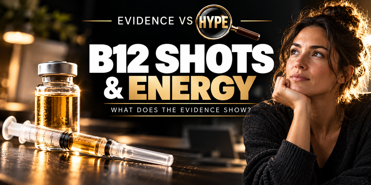 Evidence vs Hype: unbranded B12 vial and capped syringe beside an everyday person sitting thoughtfully. Conceptual artwork for the investigation.