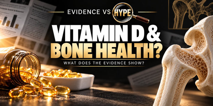 Evidence vs Hype investigation cover: unbranded vitamin D softgels and an anatomical bone model, titled Vitamin D and Bone Health?