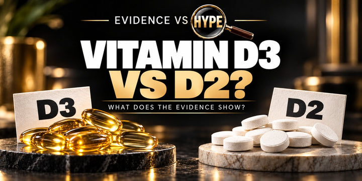 Evidence vs Hype investigation cover comparing unbranded D3 softgels and D2 tablets, titled Vitamin D3 versus D2?