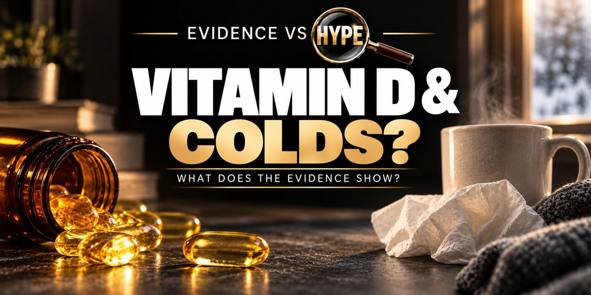 Evidence vs Hype investigation cover: vitamin D softgels, a tissue and a mug, titled Vitamin D and Colds?