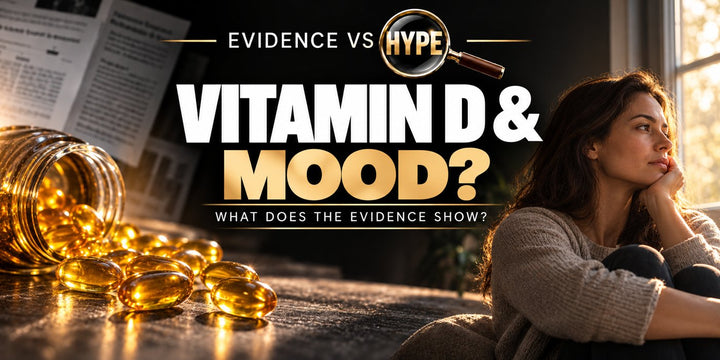 Evidence vs Hype investigation cover: vitamin D softgels and a contemplative person beside a window, titled Vitamin D and Mood?