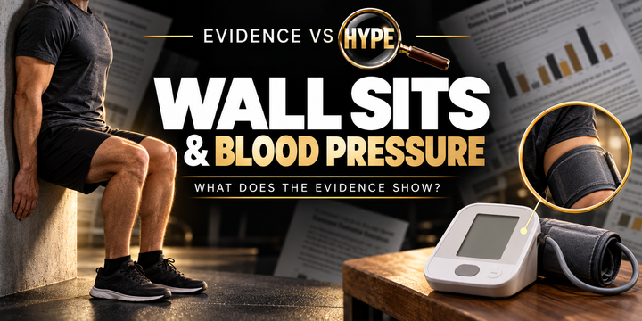Wall sit exercise and blood pressure cuff in the black, white and gold Evidence vs Hype featured image.