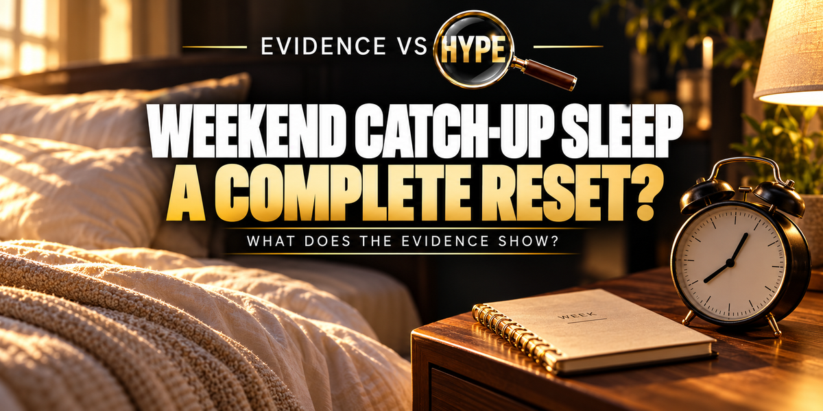Evidence vs Hype editorial illustration of a weekend alarm clock beside a restful bed and a subtle weekly calendar.
