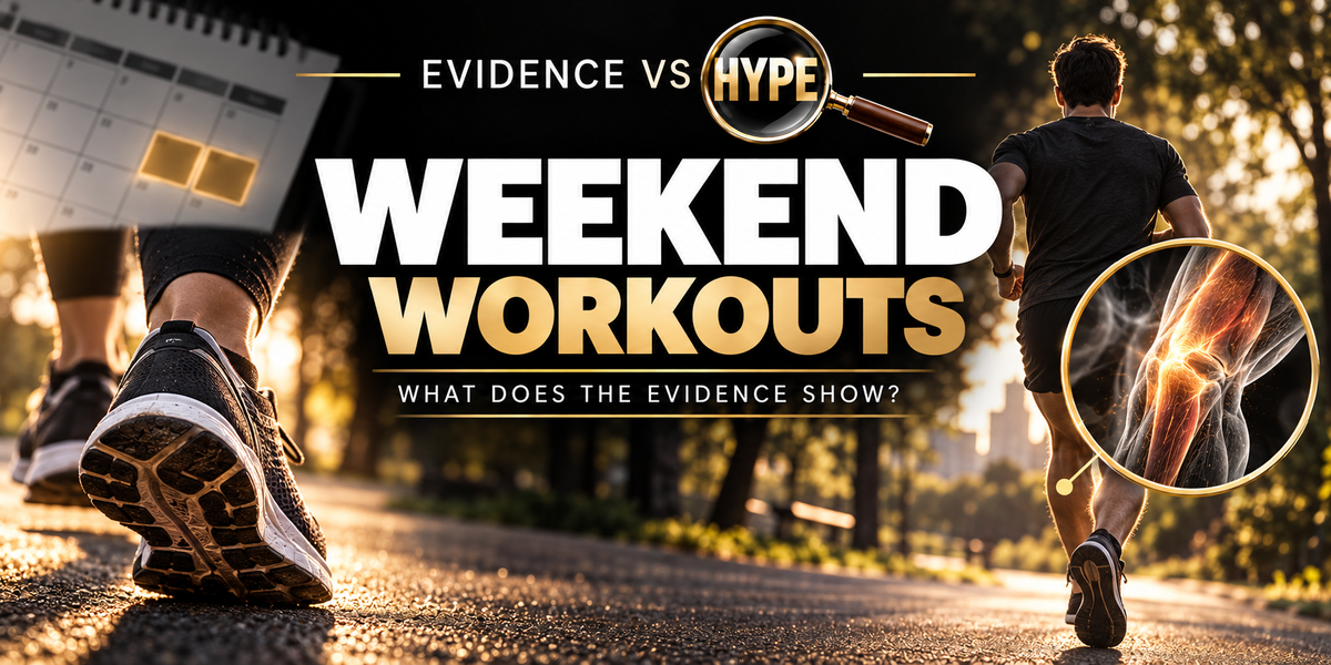 Evidence vs Hype illustration of running shoes and an adult jogging in a park, subtle calendar with two highlighted squares but no small text; artwork represents the claim under investigation.