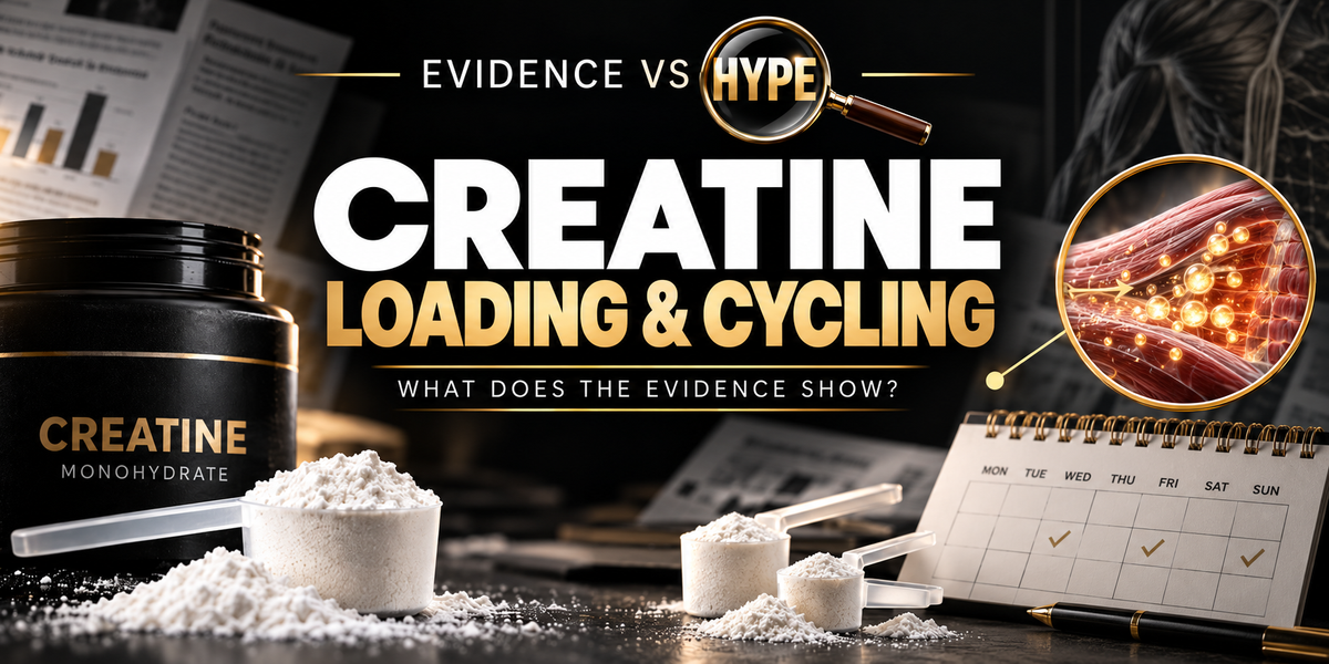 Evidence vs Hype — Creatine loading and cycling investigation with powder, dosing cues and a conceptual scientific muscle illustration.