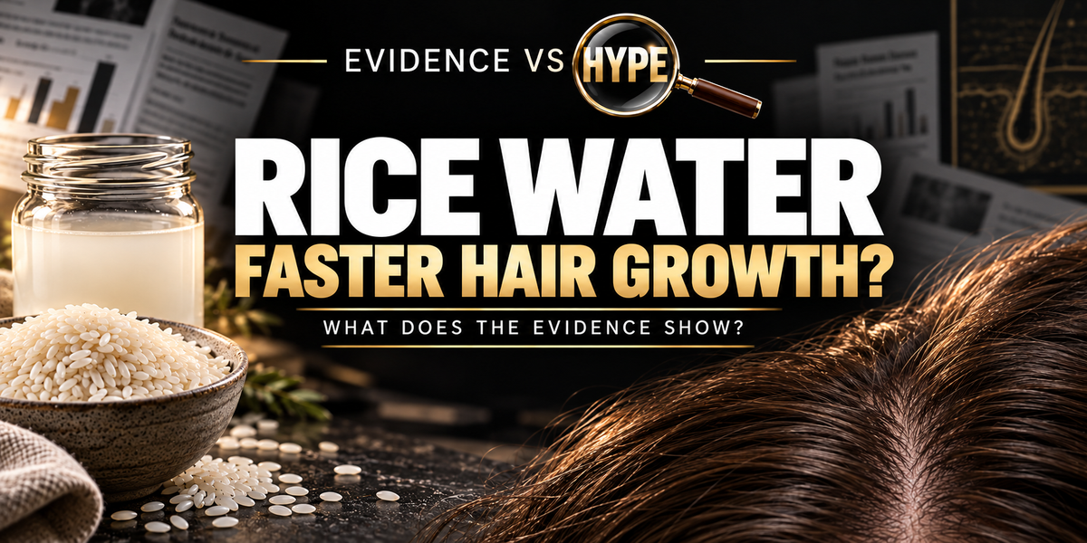Evidence vs Hype investigation cover asking Rice Water: Faster Hair Growth?, with rice, cloudy rice water and scalp hair on a black and gold research backdrop.