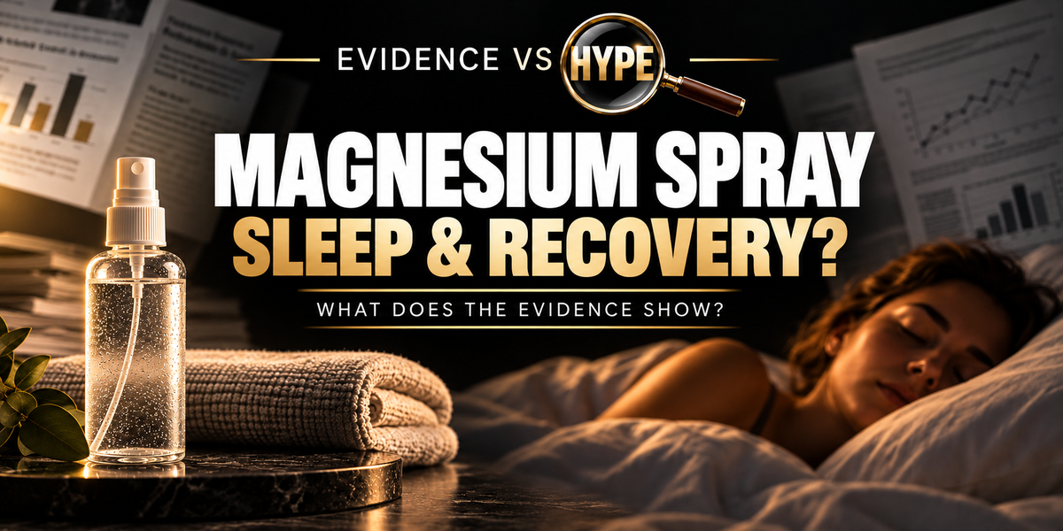 Evidence vs Hype Magnesium Spray: Sleep and Recovery? investigation cover, with spray bottle, towels and resting person on a black and gold research backdrop.