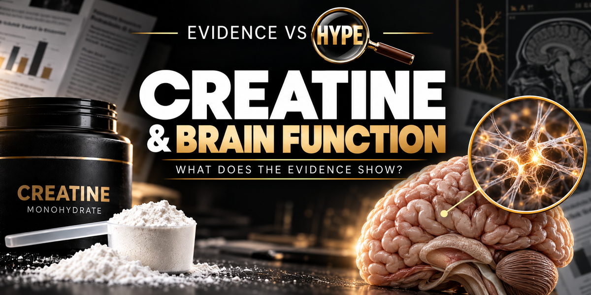Evidence vs Hype — Creatine and brain function: powder and a brain model with conceptual magnified neural tissue.