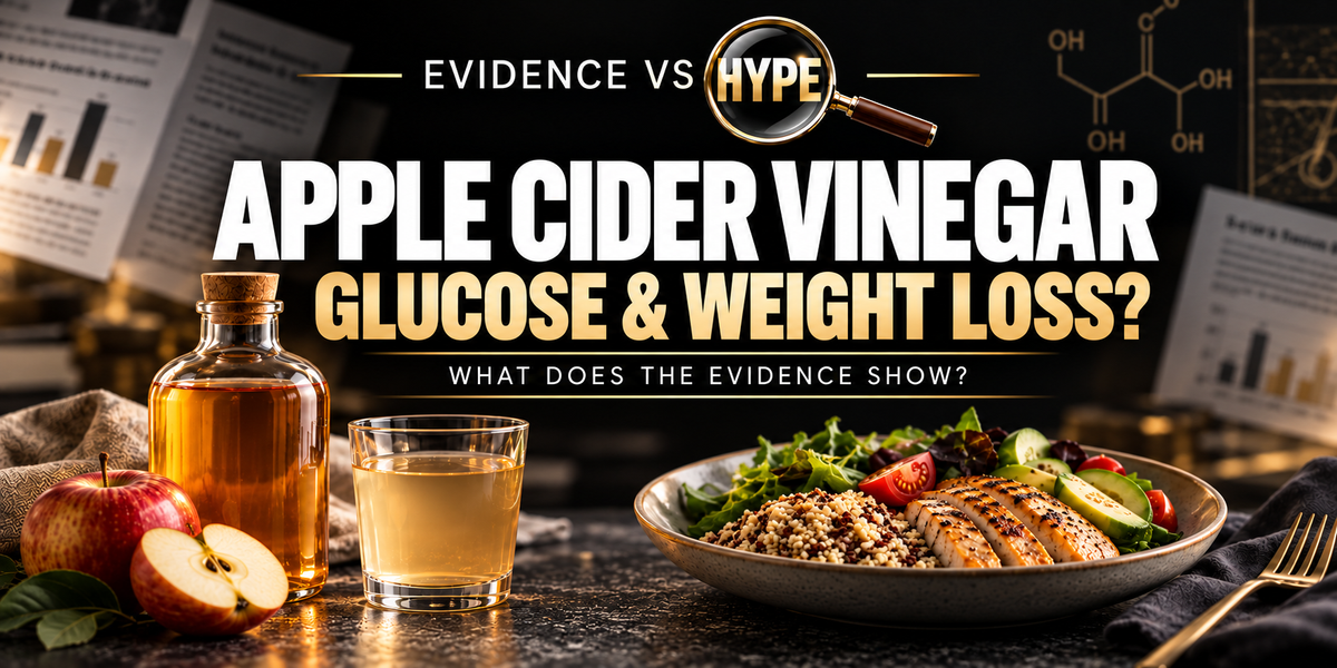 Evidence vs Hype Apple Cider Vinegar: Glucose and Weight Loss? investigation cover, with vinegar, apples, a glass and meal on a black and gold research backdrop.